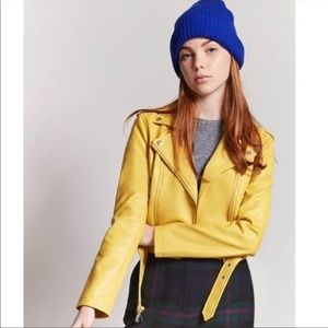 Faux yellow cropped Moto jacket.